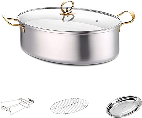 ZOLPINL Ovales Fischdämpfer-Set aus Edelstahl 304 mit 8-Qt-Kochtopf, sichtbarem Glasdeckel, Edelstahlpfanne und Spannfutter zum Dämpfen von Fisch, Kochen von Suppe (Silber)