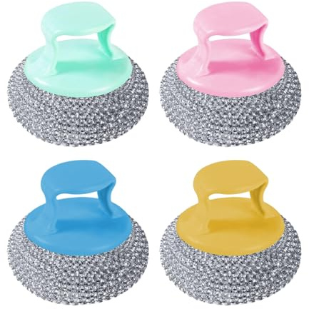 Wire Wool With Handle - Stainless Steel Scourers With Handle | 8 Pieces Short Grip Metal Scrubber Scouring Brush Pad | Heavy Duty Stain Remover Cleaning Supplies For Pots Pans Grills Sink
