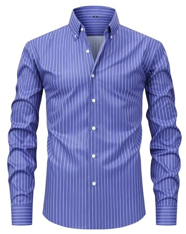 RUMAOZIA Chemise rayée à manches longues pour homme - Rayures verticales - Chemise d'affaires - Coupe ajustée - Chemise hawaïenne - Chemise d'été - Col boutonné - Chemise respirante - Chemises