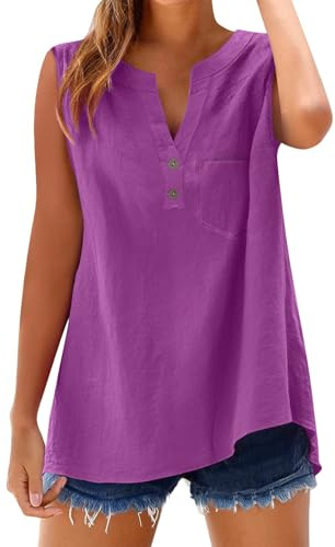 Genérico Camisa Sin Mangas Tallas Grandes Mujer De Algodon Y Lino Con Botones Primavera Verano Moda Color Sólido Blusa Cuello En V Camiseta Elegante Cómoda Basica Top Casual Shirts