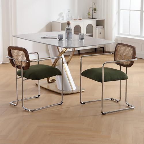 DAYALANE Esszimmerstühle Retro 2er Set, mit Rattan Rückenlehne, Grün | Küchenstühle mit Metallgestell, Stühle Esszimmer Polsterstuhl Rattan Essstühle für Esszimmer & Wohnzimmer