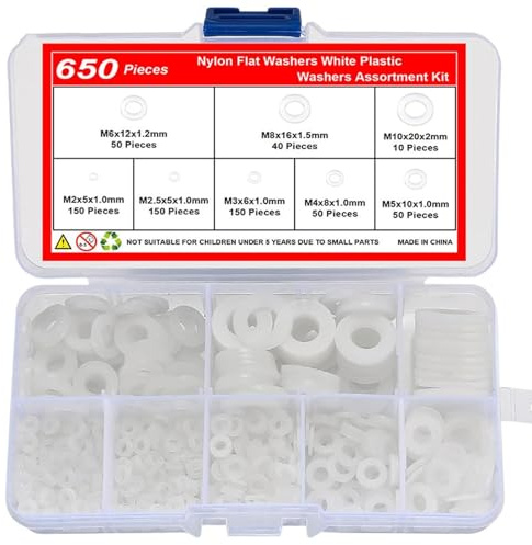 650 Stück Flache Unterlegscheiben, Jeboler Weiß Unterlegscheiben Kunststoff Nylon Distanzscheiben Abstandsscheiben, Kunststoffscheiben 8 Größen Unterlegscheiben Set- M2/M2.5/M3/M4/M5/M6/M8/M10