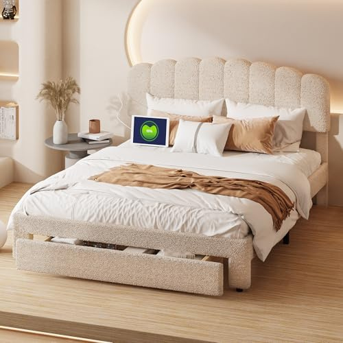 Letto matrimoniale imbottito 160 x 200 cm, velluto Teddy, 1 cassetto su ruote, letto baule moderno con porte USB e Type-C, testiera regolabile, rete a listelli, letto per adulti e adolescenti, beige