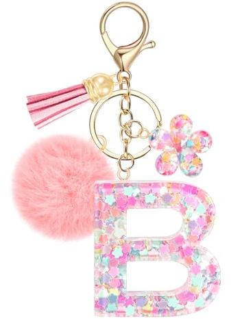 JSRQT Pink Initial Letter Keychain B for Women Girls, Flower Sequins Resin Alphabet Letter Keyrings with Flower Tassel Poms Pendants, Cute Fashion Bag Charm Car Key Chains for Handbags Backpack Decor