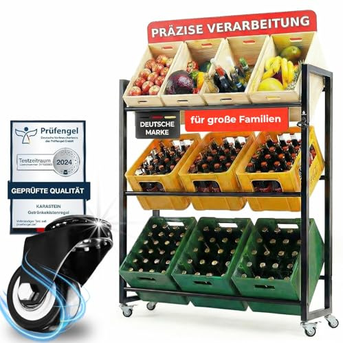 KARASTEIN® Getränkekistenregal mit Rollen für 9 Kisten – Schwerlast bis 225 kg Traglast – Mobiles Bier- & Wasserkistenregal für Garage & Lager