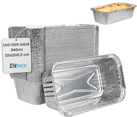 Enpack Aluschale R14/901L - Aluschalen 22x12x5,5 cm - Menüschale - 940 ml Füllmenge - Form für Lebensmittel - Grillschalen - Einwegverpackungen - Einmalbehälter für Pasta (100, ohne Deckel)