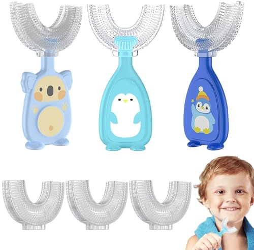 CLDURHGE brosses à Dents Enfants U en Silicone Souple x2 – Brosse d’Apprentissage 360° Douce pour gencives – Coloris ludique – Nettoyage Complet – Manche Ergonomique