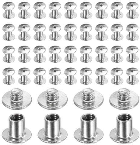 sourcing map 40set Chicago Screw M4x6mm 3mm Length Metal Phillips Nail Rivet Stud Bolts Rivets Binding Post Screw for DIY Leather Belt Bag Craft Bookbinding, Silver
