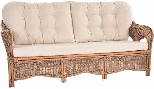 Krines Home Rattan Sofa Palm Rattanmöbel Lounge Wohnzimmersofa mit Polster Wintergarten (Vintage Braun, Dreisitzer)