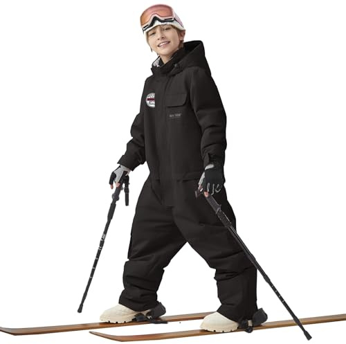 HOTIAN Kids Snow Suit Boys Girls Hooded Windproof Waterproof Insulated One Piece Snowboarding Ski Suit,Black,10-11Years