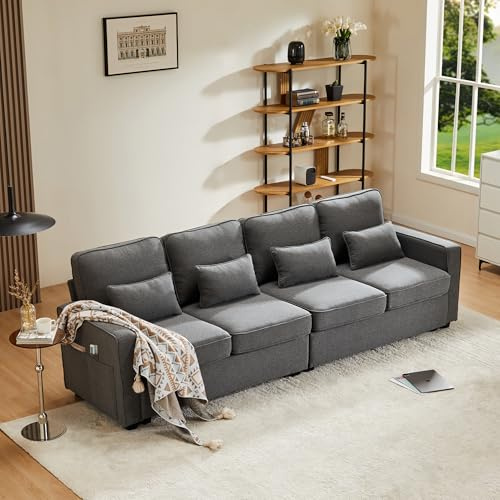 EINHOM Modernes 4 Sitzer Sofa aus Leinenstoff Viersitzer-Sofa mit Armlehnentaschen und 4 Kissen Große Polster Couch im Einfachen Stil Geeignet für Wohnzimmer Büro (Dark Gray + Linen)