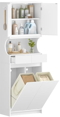 Hzuaneri Meuble Salle de Bain avec Panier à Linge, Colonne Salle de Bain, 2 Paniers Lavables 29,6L, Étagère Réglable, Crochet, pour Salle de Bain, Buanderie, 30 x 60 x 174 cm, Blanc BC46003X
