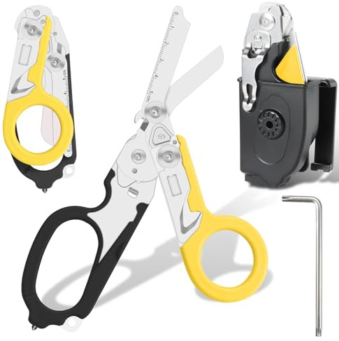 Ziyero Rettungsschere,Trauma Schere Multitool mit 6 Praktischen Funktionen Faltbare Scherenzange aus Edelstahl-Ideal für Professionellen Einsatz Im Rettungsdienst Oder Alltägliche Aufgaben,SchwarzGelb