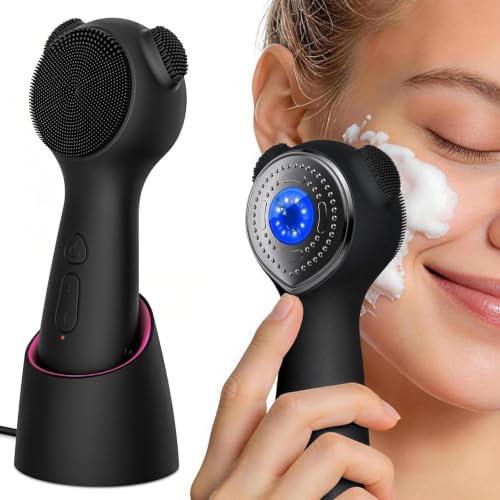 Electric Face Scrubber Exfoliator, Rechargeable Silicone Facial Cleansing Brush with Heat Massage Tip, Vibrating Face Scrubber for Deep Cleaning, Waterproof Face Brush for Men and Women (Matte)