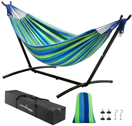 LEHMANN Hängematte mit Gestell, Doppelhängematte für 2 Personen, bis 200 kg belastbar, mit Tragtasche für Hängemattengestell, Einfacher Aufbau, Indoor & Outdoor für Camping, Garten, Balkon