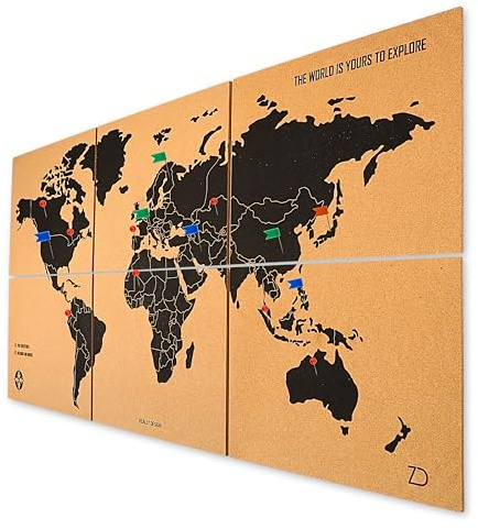 Zinello Design – Weltkarte zum Pinnen aus Korkplatte 90x45 cm – 6 Paneele | 60 bunte Pinnadeln inklusive, selbstklebend ohne Bohren – perfekt als Wanddeko für Büro, Wohnzimmer und Reise-Erinnerungen.