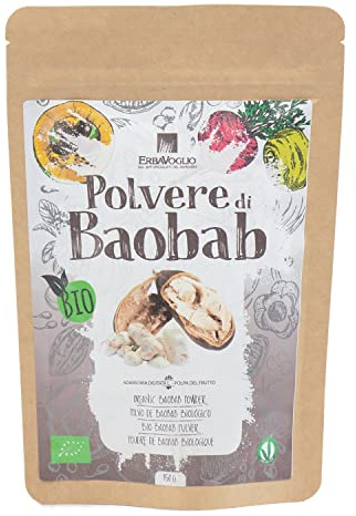 Erbavoglio Polvere di Baobab Bio - 150 g - Alimento biologico - Ricca di vitamina C e fibre, ideale per rafforzare il sistema immunitario e migliorare la digestione.