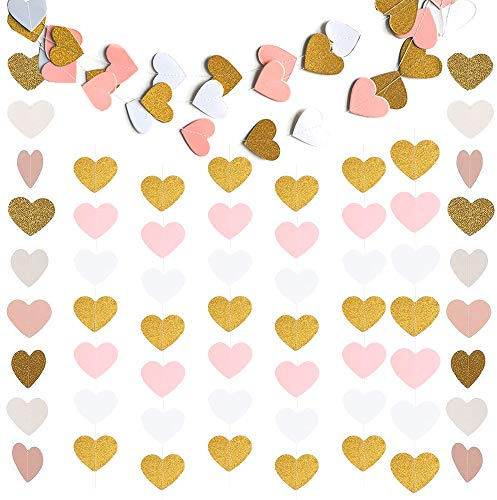 2 Packungen Papier Herz Girlande Girlanden für Hochzeit Vorhang Party Kinderzimmer ,Herz Hängende Banner Bunting Garland Girlande für Mädchen Jahrestag Valentinstag Dekoration(Glitter Gold Weiß Rosa)