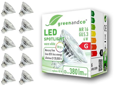 10x greenandco CRI 97+ 2700K 36° LED-spot ersätter 40W GU5.3 MR16 halogenstrålkastare, 6W 380lm varmvit 12V AC/DC, flimmerfri, inte dimbar