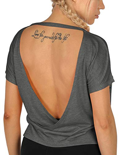 icyzone - Maglietta Sportiva da Donna con Maniche Corte e Schiena Scoperta, per Yoga e Palestra -S-Grigio Scuro