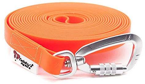 Twinkys Dog Style Hundeleine Schleppleine Wasserabweisend 15 mm breit mit Sicherheitskarabiner für Hunde 10 Meter OHNE Handschlaufe Neon Orange Made in Germany