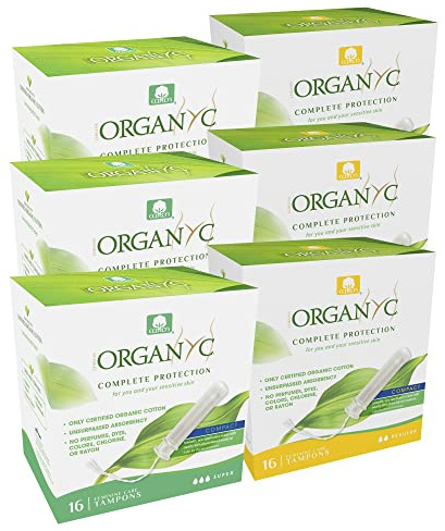 Organyc 100% Certified Organic Cotton Tampons, Plant-Based Eco-Applicator, Regular Flow+Super Flow Bundle, 16 Count (Pack of 6 Mixed)