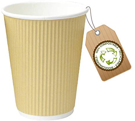 Vasos desechables de 230 ml, biodegradables, reciclables y compostables, de papel kraft con pared de doble capa para capuchino, agua o bebidas calientes y frías (120, habana ondulada)