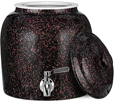 Geo Sports - Dispensador de agua de porcelana de cerámica y sin plomo, grifo de acero inoxidable con tapa incluida, color negro con manchas rojas
