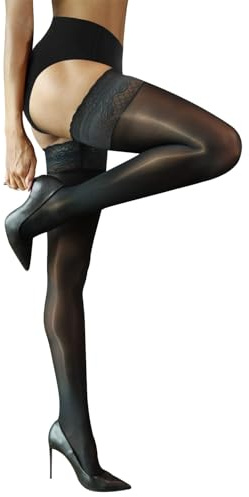 CHARFOX Thigh High Stockings, Women's Sheer Highs with Silicone Lace Top, Shiny Stay Up Silk Lingerie Stockings for Dating Black