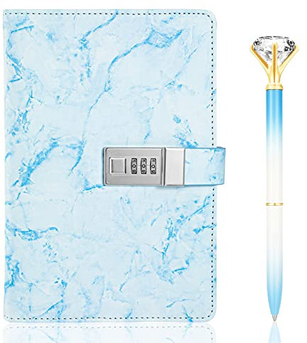 Zonon Diary with Lock for Girls Marble PU Leather A5 Journal Combination with Diamond Pen Back to School Gifts Lock Diary Planner Organizer for Men and Women(Blue)