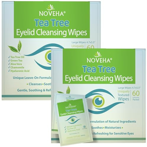 NOVEHA 2PK Tea Tree Oil Eyelid & Lash Wipes | With Hyaluronic Acid, Green Tea & Chamomile, Individually Wrapped Eyelash Wipes Natural Makeup Remover & Daily Cleanser