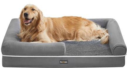 Feandrea Orthopädisches Hundebett, Hundekissen, Hundekorb, weiche Polsterung, Hundesofa, erhöhte Ränder, Bezug abnehmbar und waschbar, 106 x 76 x 18 cm, rutschfeste Unterseite, hellgrau PGW077G02V1
