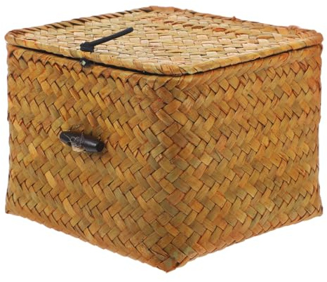 Alipis Caja De Paja Trenzada Mediana Con Tapa Organizador De Almacenamiento Para Hogar Y Cocina Caja De Mimbre Decorativa Soporte Para Té Y Utensilios 5.11X5.11X3.93In
