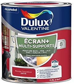 Dulux Valentine ECRAN+ MULTI-SUPPORTS EXTERIEURE - Peinture en Phase Aqueuse pour l'Éxtérieur et l 'Intérieur - Satin Rouge Coquelicot 0,5 L