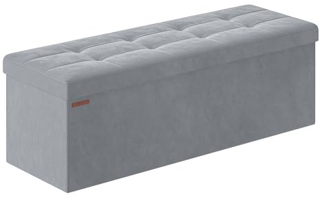 SONGMICS Puff Almacenaje, Baúl de Almacenaje Plegable, 38 x 110 x 38 cm, Taburete Reposapiés, Banco de Cubo, Soporta hasta 300 kg, para Sala de Estar, Dormitorio, Entrada, Gris Paloma LSF277G02