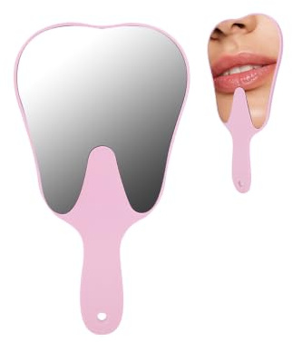 Tragbare Zahnförmiger Spiegel mit Griff, Niedlicher Handspiegel, Make Up Travel Mirror Rasierspiegel für Dekorationen in der Zahnarztpraxis, Oral Clinic, Barber Friseursalon(Rosa)