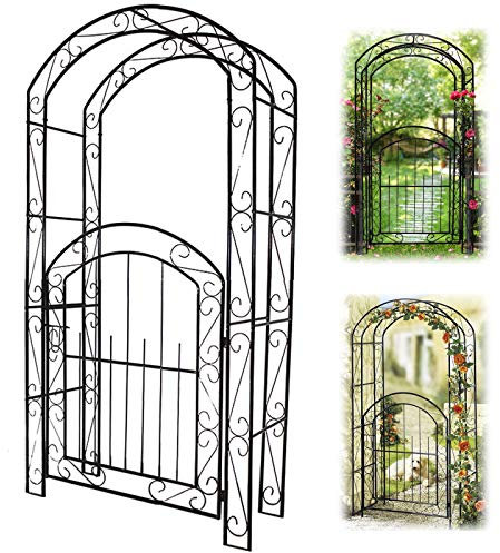 Gartenbogen aus Metall Bogen-Kletterpflanzen mit Tür, Gartenlauben-Bogentor, Hochzeits-Rosenbogen aus schwarzem Metall, 215 x 115 x 43 cm, Rankgitter, Lauben-Torbogen für Kletterpflanzen, Rosen, Rank