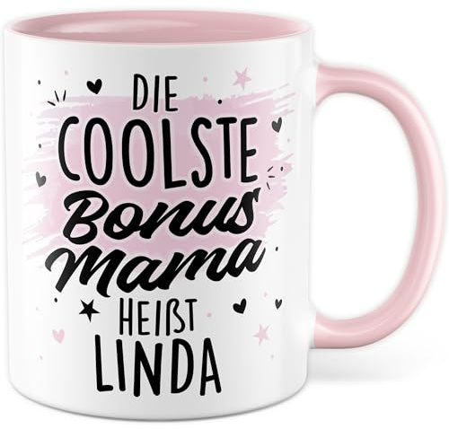 Bonus Mama Tasse mit Spruch personalisiert eigener Name - Geschenk Die coolste Bonus Mama heißt personalisierbar - Kaffeetasse 330ml aus Keramik - Stiefmama Stiefmutter Mutter Familie (Bonus Mama)