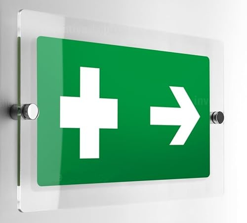 Global Targa Cartello in plexiglass uni - Pronto soccorso con freccia - Con Distanziali in acciaio inox (15x7 cm)