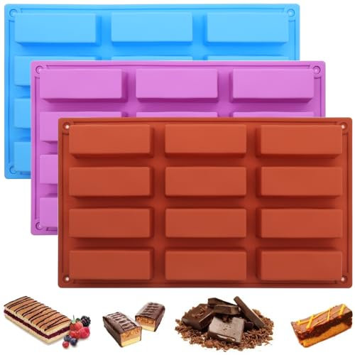 BuxiuGK 3Pcs Chocolate Bar Moulds,12 Cavity Nutrition Energy Cereal Bar Moulds Silicone Rectangle Molds for Chocolate Truffles Bread Brownie Cornbread Cheesecake Butter Mold