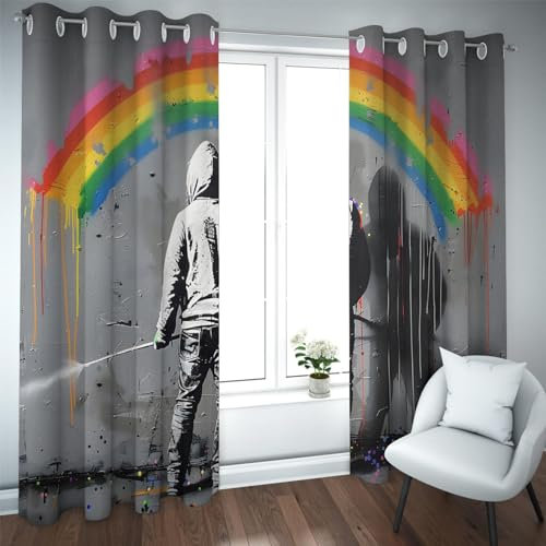 CHERHERART Regenbogen Graffiti Vorhänge Street Art Thema Wohnzimmer Schlafzimmer Fenster Drapes Raum Verdunkelung Schallschutzvorhänge mit Öse B132xH160
