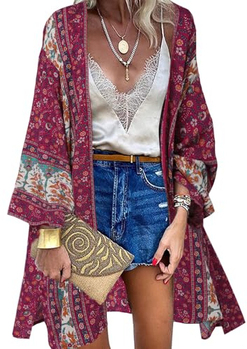 ZANZEA Dam Kimono-cardigan 3/4-ärm Chiffong Blommigt Tryck Bohemisk Strandtäckning Sjal Toppar, 3XL