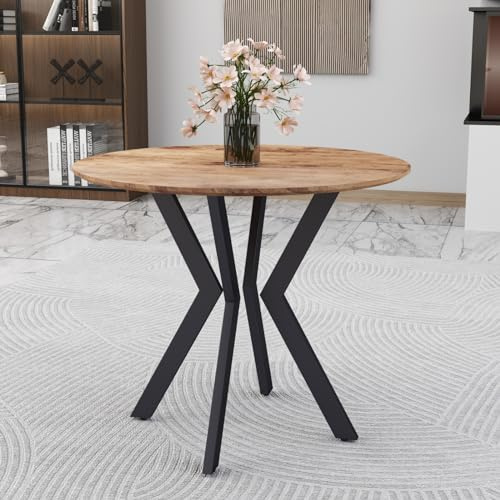 90cm Round Brown Wooden Dining Table with Black Metal Legs for Kitchen | Durable circle wooden top and black metal frame, Industrial style, Ideal for kitchen, dining room, office and lounge space
