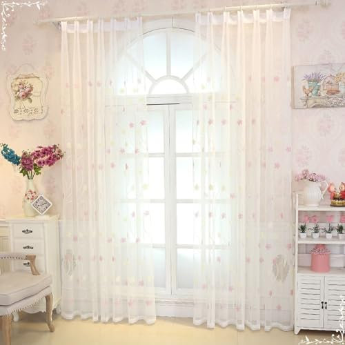Beydodo Vorhänge Weiß 2er Set mit Haken 102x183CM, Gardinen für Schienensystem Stickerei mit Rosa Blumen Motiv Gardinenschals Polyester Halbtransparent für Wohnzimmer Schlafzimmer Küche