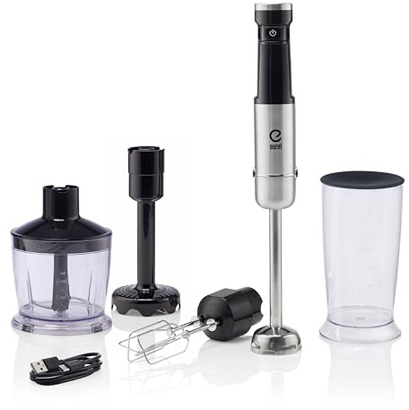 EUREL PREMIUMLine MP94 Stabmixer Set – Kabelloser Pürierstab | Kabelloser Stabmixer mit Zubehör, DC-Motor 7,4V/150W | 11,1V/200W, Li-ion Akku 2000 mAh, Tragbarer Handmixer für die Küche