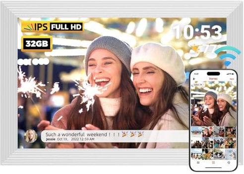 REUMAR 32GB Digital Photo Frame，10.1inch Smart WiFi Digital Picture Frame 1280x800 IPS LCD Touch Screen, Type-c Auto-Rotate,Share Photo or Video Instantly via Frameo App from Anywhere, white