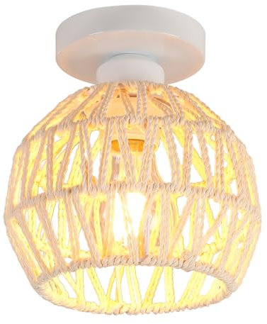 LIGKIN Plafonnier Vintage E27 Lampe de Plafond Rétro Abat-jour en Métal et Rotin Luminaire Plafonnier Blanc pour Chambre à coucher Cuisine Couloir, Ø16cm