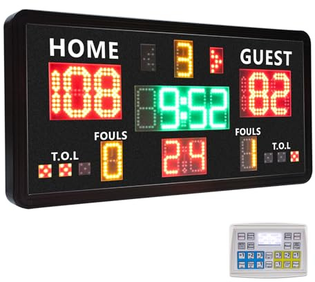 GAN XIN Large Electronic Scoreboard with Panel Control,Wall-Mounted Digital Scoreboard & Timer,Basketball Shot Clock 14/24 Second & Custom Time,Score Keeper with LED Display, 110dB Loud Buzzer