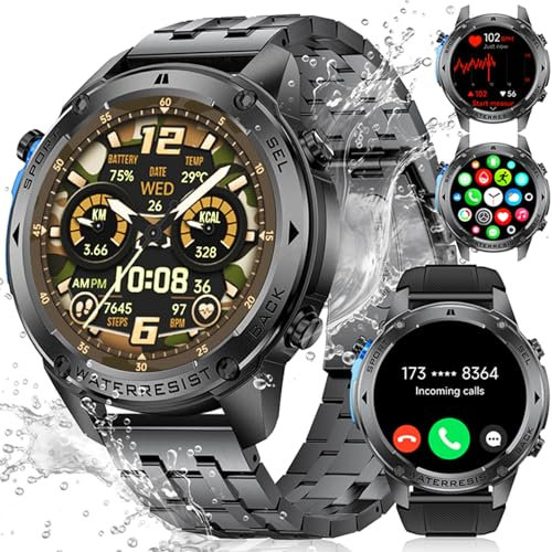 LIGE GPS Smartwatch Herren,1,43 HD AMOLED Smartwatch mit Telefonfunktion,Fitnessuhr,Gunmetal Militär Uhr mit 170+ Sportmodi,Herz-/Schlaftracking/Kompass,5ATM Wasserdicht Sportuhr für iOS/Android