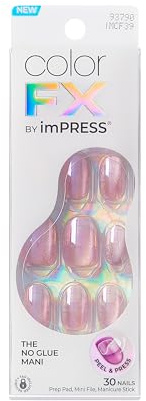 Kiss colorFX by Impress Press On Nails, Starry, 30 No Glue Peel and Stick Nails Kit with IMPROVED Adhesive, Light Pink Short Oval Pearlescent Effect, Includes Prep Pad, Manicure Stick & Mini File